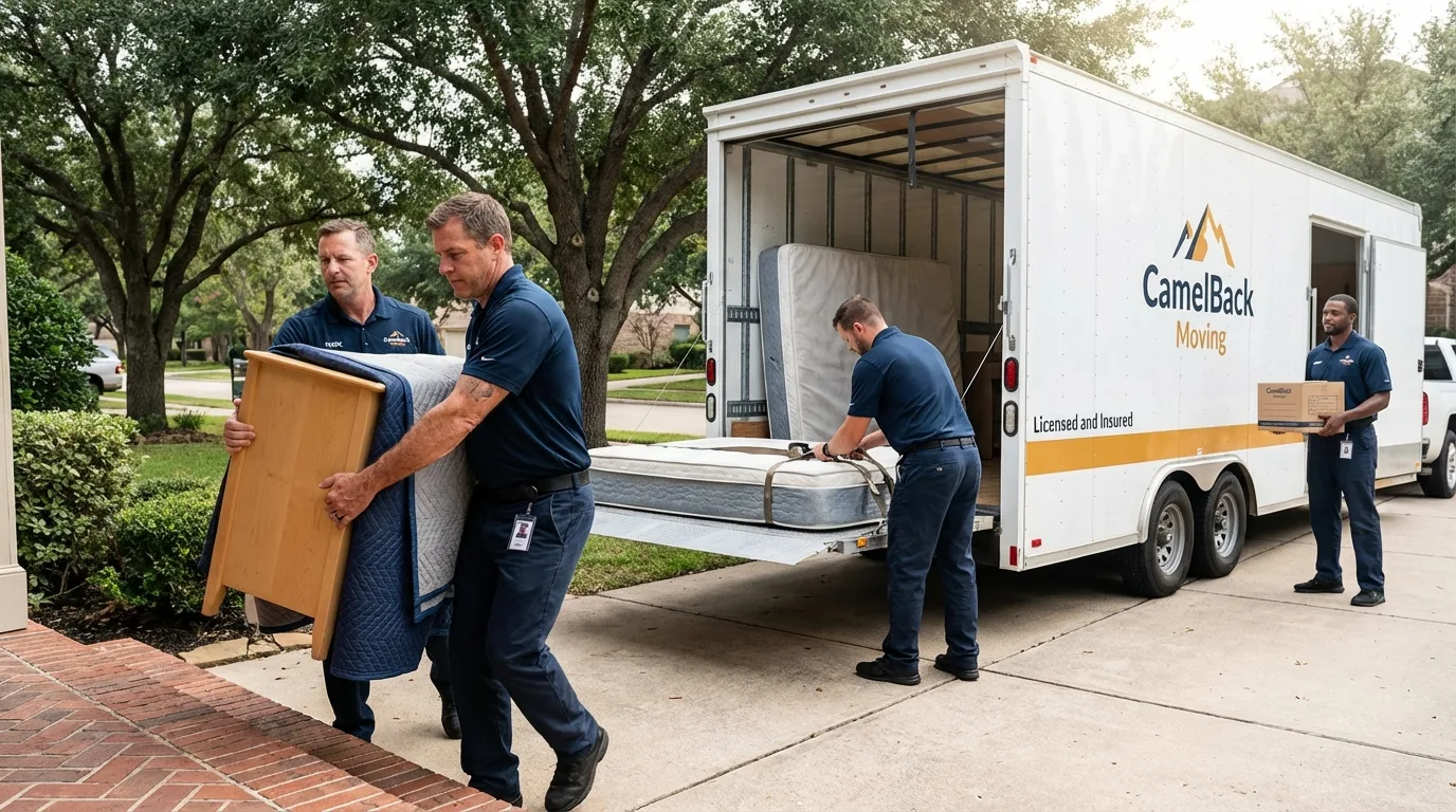 Crew loading residential truck for cross-state move from Medford, OK