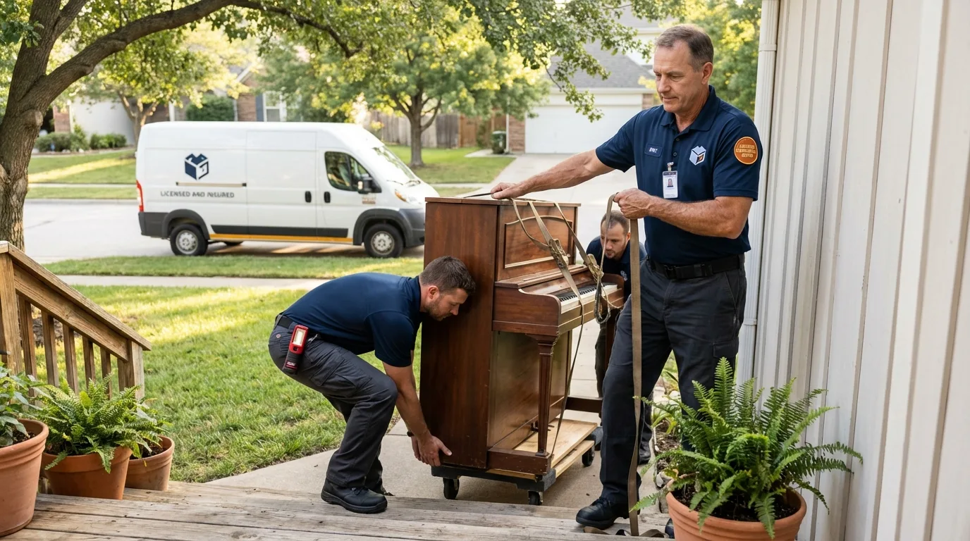 Licensed piano movers securing grand piano in Medford, OK