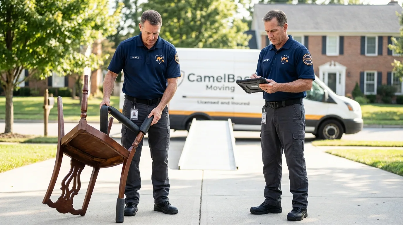 Movers inspecting furniture for damage prevention before loading in Medford, OK