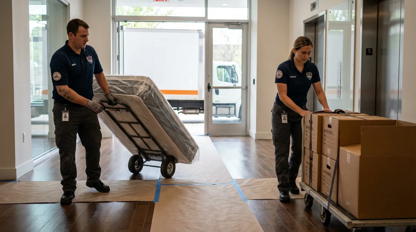 Professional apartment movers loading elevator in Medford, OK
